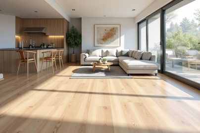 Wide-plank luxury vinyl flooring in a bright modern open-plan living space, a 2026 flooring trend