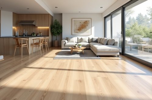 Wide-plank luxury vinyl flooring in a bright modern open-plan living space, a 2026 flooring trend