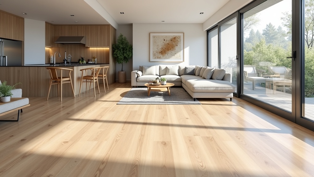 Wide-plank luxury vinyl flooring in a bright modern open-plan living space, a 2026 flooring trend