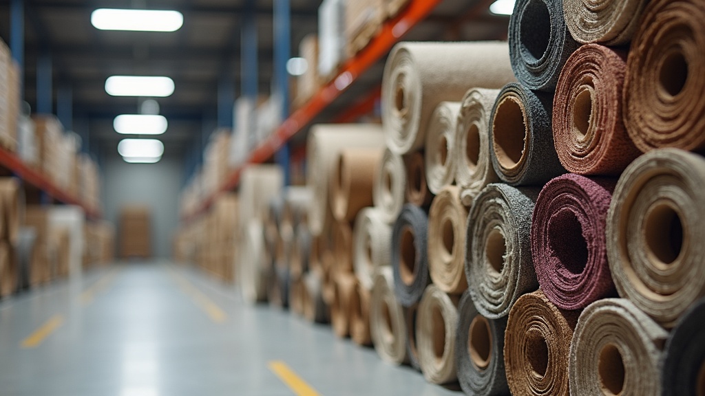 Stacked carpet rolls showing nylon fiber textures in flooring warehouse