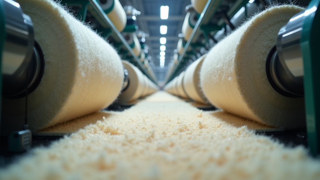 Nylon yarn spools feeding into carpet tufting machine in factory