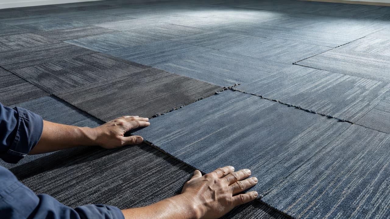 A technician's hands carefully align two gray carpet tiles on a commercial floor surface. Under bright industrial lights, the precision-cut edges show a subtle gap where the seam joins together.