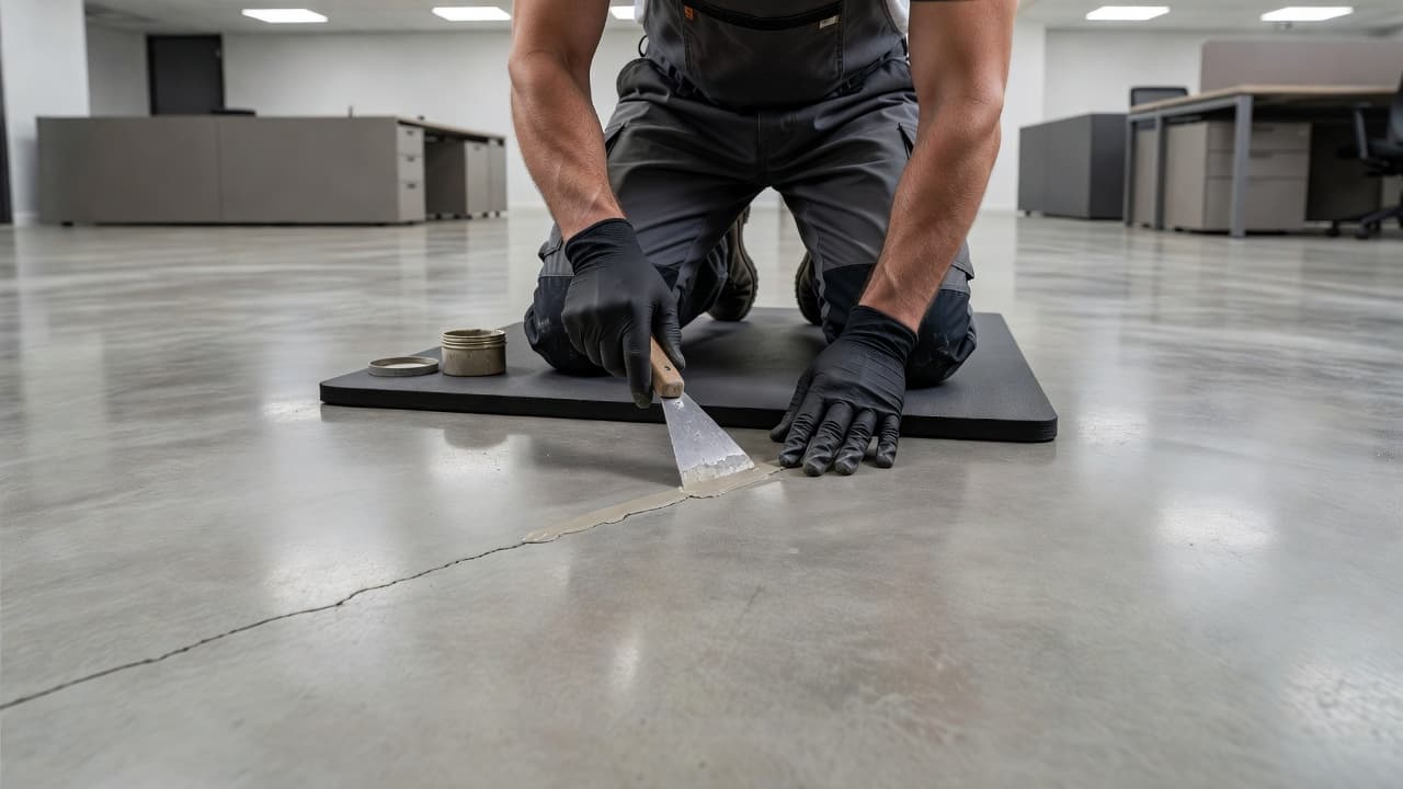 A close-up view of a professional repair technician using a putty knife on a commercial office floor.