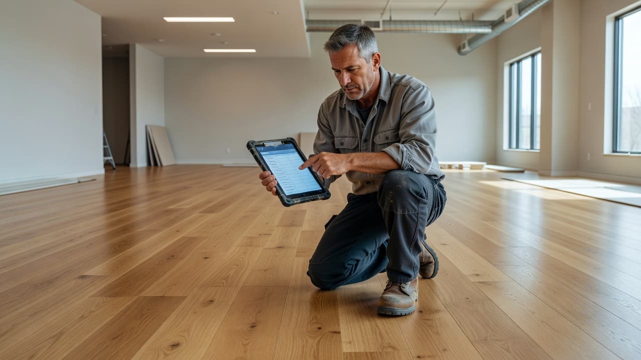 A professional installer in work gear stands on a newly laid hardwood floor in a commercial space. He holds a digital tablet, carefully checking the final details of the installation.
