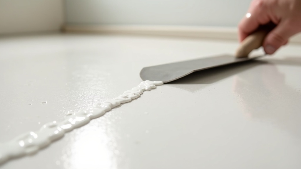 Notched trowel spreading pressure-sensitive acrylic flooring adhesive on subfloor