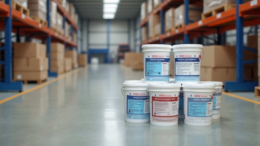 Warehouse stock of pressure-sensitive acrylic adhesive buckets for flooring