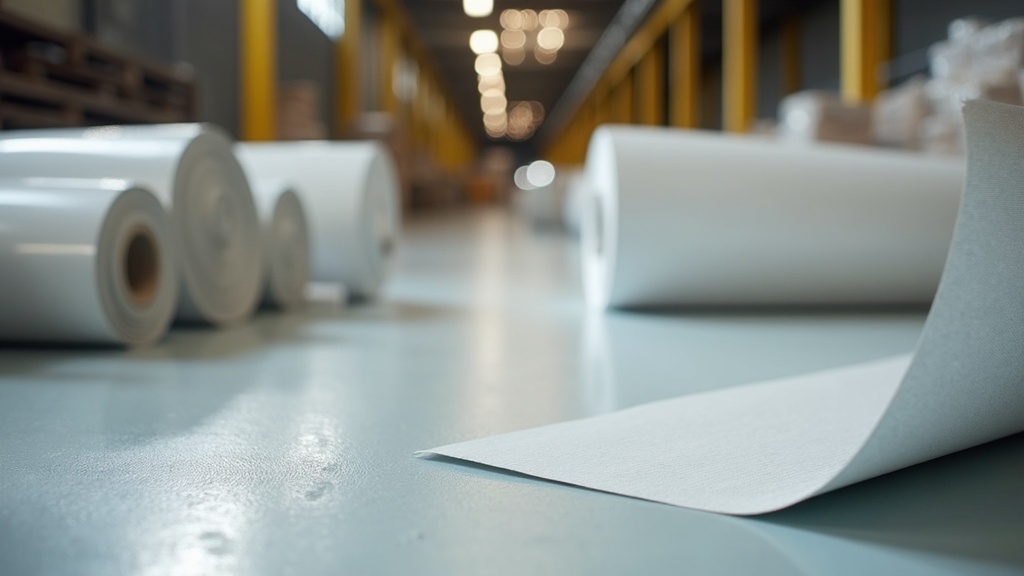 Rolled flexible vinyl sheet flooring in an industrial warehouse