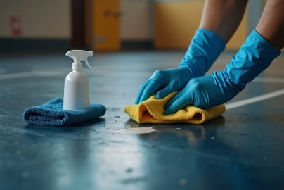 Removing scuff marks from rubber flooring safely using cleaning solution and cloth