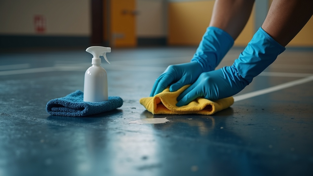 Removing scuff marks from rubber flooring safely using cleaning solution and cloth