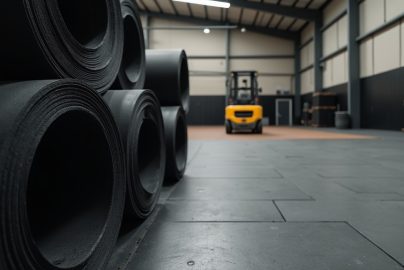 Rubber flooring rolls and tiles stocked in a warehouse for gym and school installations