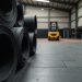 Rubber flooring rolls and tiles stocked in a warehouse for gym and school installations
