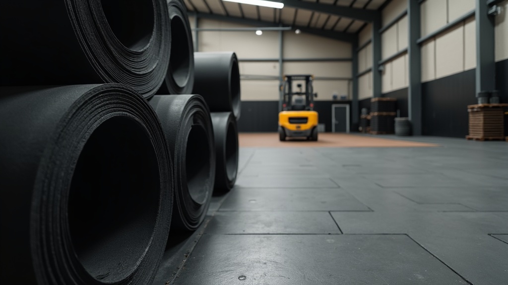 Rubber flooring rolls and tiles stocked in a warehouse for gym and school installations