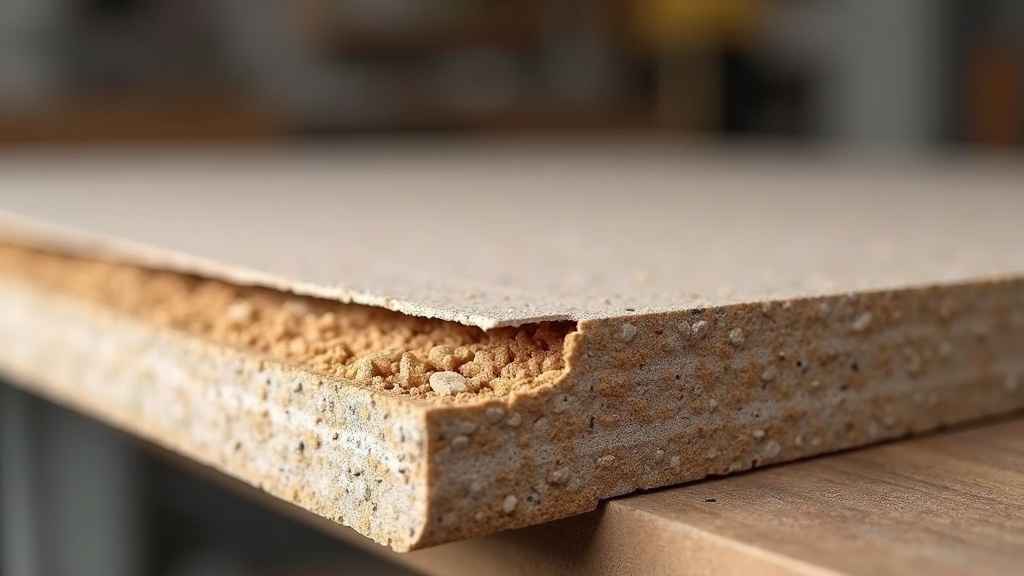 Cross-section of SPC flooring core showing calcium carbonate filler material