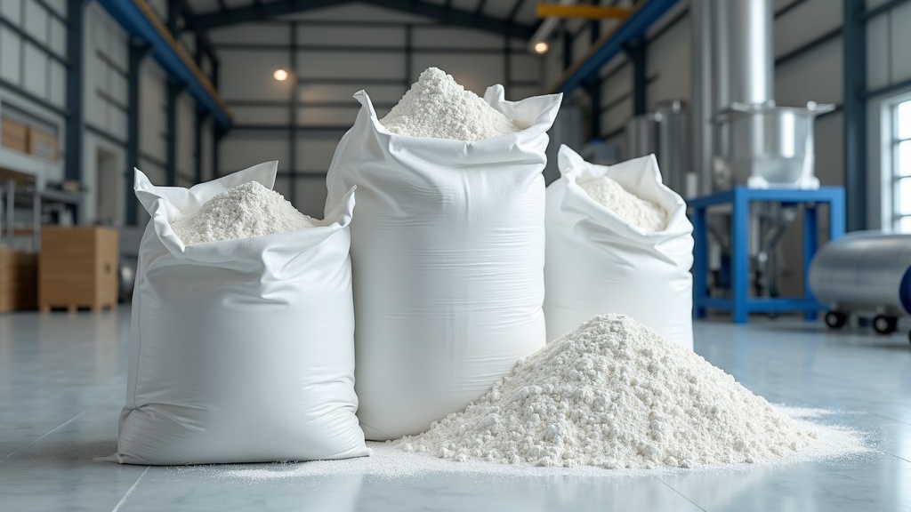 Bulk calcium carbonate filler sacks stored in SPC flooring manufacturing plant