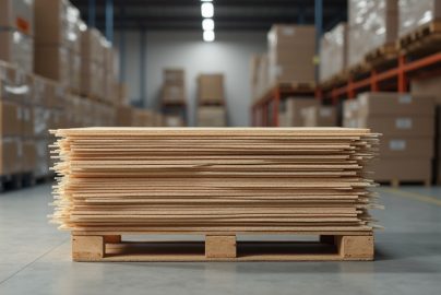 Tack strip supply stacked in a warehouse ahead of carpet replacement season