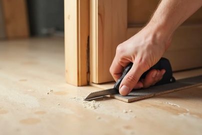 Undercutting a door jamb with a saw for proper LVP flooring clearance and clean fit