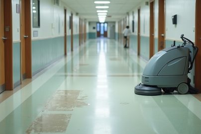 Worn VCT flooring showing maintenance mistakes that reduce floor life in a commercial hallway