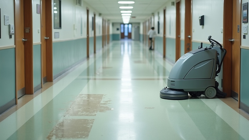 Worn VCT flooring showing maintenance mistakes that reduce floor life in a commercial hallway