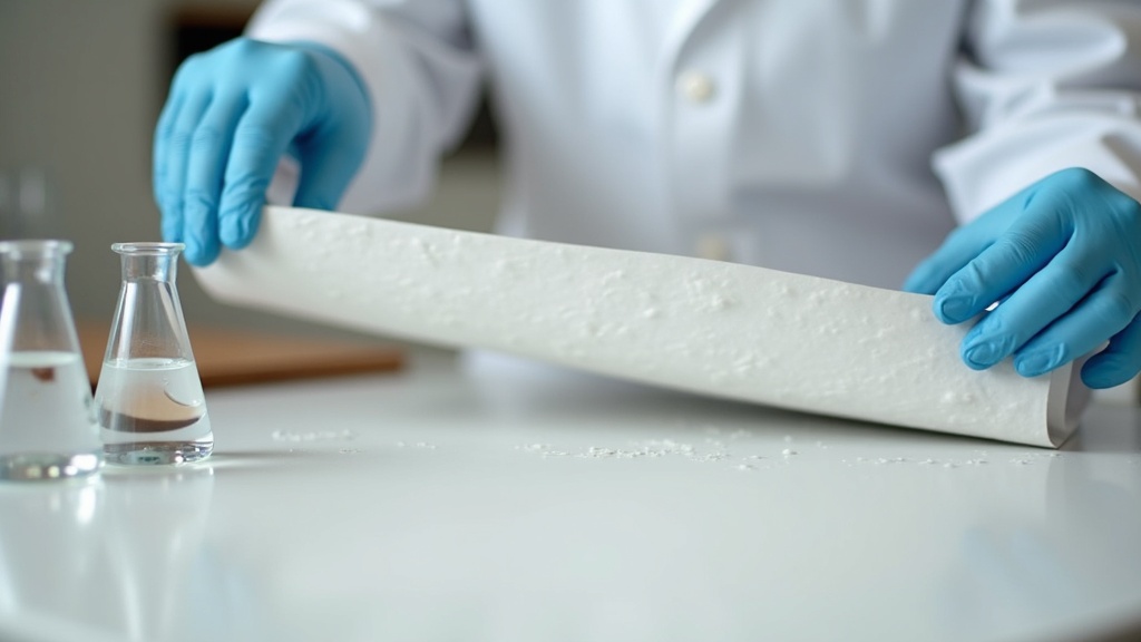 Lab technician testing flexibility of vinyl flooring sample with plasticizer additive