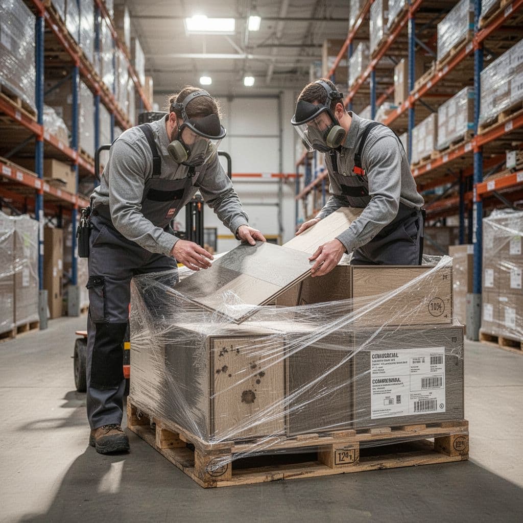 A warehouse worker wearing a high-visibility vest carefully examines a plastic-wrapped pallet of commercial flooring. He checks for forklift punctures and crushed corners to ensure the integrity of the delivery.