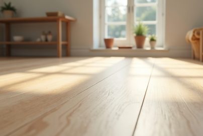 Vinyl plank flooring showing cupping at the seams under raking light