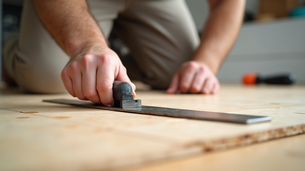 Installer checking subfloor seam flatness with a straightedge before installing LVP flooring